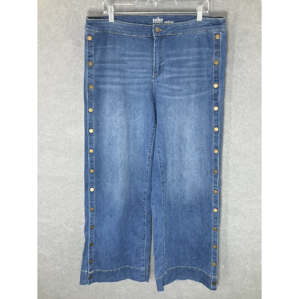 SOHO New York & Co Jeans Women Sz 14 Blue Wide Leg Snap Button Sides Boho Hippie